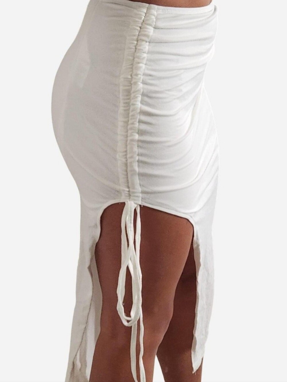 White High Waisted Ruched Drawstring Thigh Slit Midi Skirt